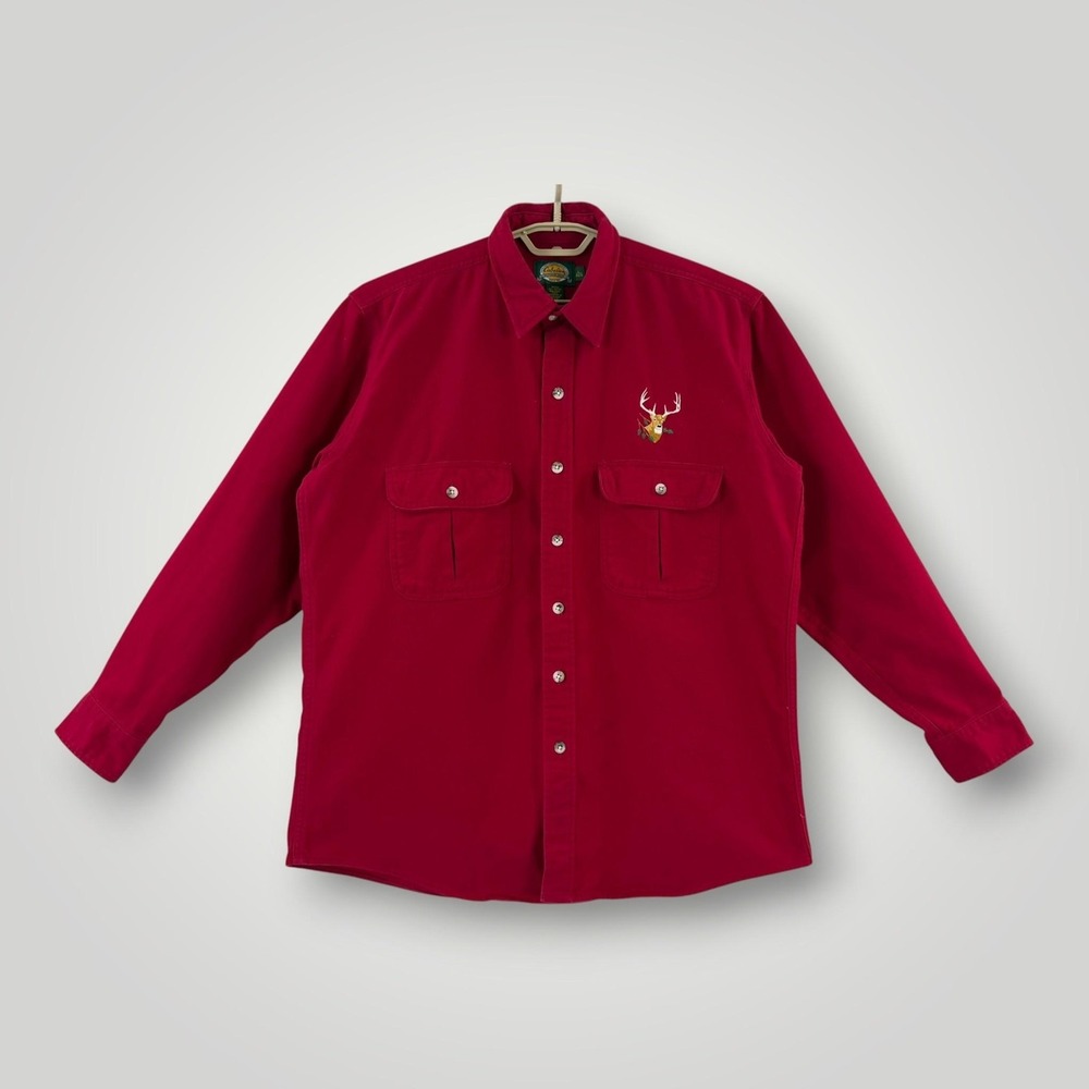 Cabela's Hunting Shirt Mens L Red Deer Embroidered Button Up Cotton Outdoor